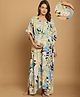Secret Wish Rayon Woven Half Batwing Sleeves Leaves Printed Maternity Kaftan Nighty With Side Seam Nursing Access - Sky Blue