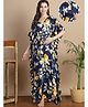 Secret Wish Rayon Woven Half Batwing Sleeves Leaves Printed Maternity Kaftan Nighty With Side Seam Nursing Access - Navy Blue
