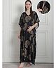 Secret Wish Rayon Woven Half Batwing Sleeves Leaves Printed Maternity Kaftan Nighty With Side Zipper Nursing Access - Black