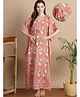 Secret Wish Cotton Woven Half Batwing Sleeves Floral & Paisley Printed Maternity Kaftan Nighty With Side Seam Nursing Acess - Peach