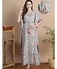 Secret Wish Cotton Woven Half Batwing Sleeves Floral &  Cottoned Maternity Kaftan Nighty With Side Seam Nursing Acess - Light Green