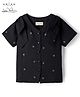 Arias Cotton Woven Half Sleeves Front Open Top With Bows at Shoulders & Floral Design - Black