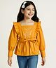 Arias Cotton Woven Full Sleeves Top With Floral Embroidery & Frill Detailing - Yellow