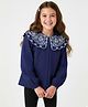 Arias Cotton Woven Full Sleeves Top With Floral Embroidery at Collar - Navy Blue
