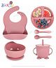 Kidcup 6 Pcs Silicone Baby Feeding Set, BPA Free & Microwave Safe Dinner Tableware Kit - Feeding Bowl, Suction Plate, Cup, Spoon, Fork & Bib for Kids (Pink) (Color & design may vary)