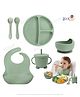 Kidcup 6 Pcs Silicone Baby Feeding Set, BPA Free & Microwave Safe Dinner Tableware Kit - Feeding Bowl, Suction Plate, Cup, Spoon, Fork & Bib for Kids (green) (Color & design may vary)