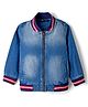 Pine Kids Cotton Woven Full Sleeves Washed Denim Bomber Jacket With Tape & Ribbed Detailing - Blue