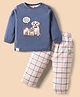 Ollypop Interlock Knit Full Sleeves T-Shirt & Leggings with Dog & Checks Print - Navy Blue & White