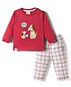 Ollypop Interlock Knit Full Sleeves T-Shirt & Lounge Pant Set With Checks & Dog Text Print - Red & White