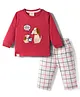Ollypop Interlock Knit Full Sleeves T-Shirt & Lounge Pant Set With Checks & Dog Text Print - Red & White