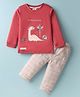 First Smile Interlock Knit Woven Full Sleeves Tshirt with Side Button & Checked Pant Set with Dino Embroidery - Mulberry Red