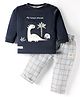 First Smile Interlock Knit Woven Full Sleeves Tshirt with Side Button & Checked Pant Set with Dino Embroidery - Navy Blue