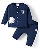 First Smile Interlock Knit Full Sleeves Night Suit with Diaper Leggings & Animal Embriodery - Navy Blue