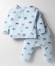 First Smile Sinker Knit Full Sleeves Co-ords Night Suit With Vehicle Print - Light Blue