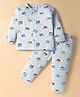 First Smile Sinker Knit Full Sleeves Front Open Co-ords Night Suit with Vehicle Print - Light Blue