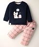 Ollypop Interlock Knit Full Sleeves T-Shirt & Pant Set With Animal Embriodery - Navy Blue & Pink