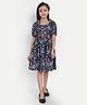 Tilism Cotton Knit Half Puffed Sleeves Floral Printed Dress - Black