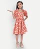 Tilism Cotton Knit Half Puffed Sleeves Floral Printed Dress - Orange
