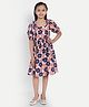 Tilism Cotton Knit Half Puffed Sleeves Floral Printed Dress - Multi Colour