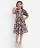 Tilism Cotton Knit Half Puffed Sleeves Leaves Printed Dress - Brown & Blue