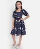 Tilism Cotton Knit Half Puffed Sleeves Floral Printed Dress - Blue