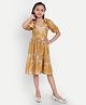 Tilism Cotton Knit Half Puffed Sleeves Tropical Theme Printed Dress - Yellow
