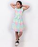 Tilism Cotton Knit Frill Sleeves Leaves Printed Bow Applique Detailed Dress - Multi Colour