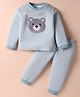 Mini Taurus Waffle Knit Full Sleeves Striped Night Suit With Teddy Bear Patch - Light Blue