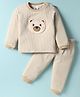Mini Taurus Waffle Knit Full Sleeves Striped Night Suit With Teddy Bear Patch - Khaki