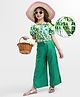OLLINGTON ST. Slub Printed Woven Half Sleeves Top & Rayon Twill Pant with Bow Applique - Multicolor & Green