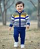 Babyhug Knit Full Sleeves Front Open Hooded Sweater & Pant Set with Stripes - Navy Blue