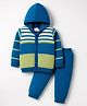 Babyhug Knit Full Sleeves Hooded Front Open Sweater Set with Stripes - Royal Blue