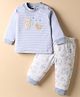 Zero Interlock Knit Full Sleeves Night Suit with Stripes & Animal Embroidery & Patch - Blue