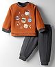 Zero Interlock Knit Full Sleeves T-Shirt & Lounge Pant Set with Animal Print & Patch Detailing - Charcoal Grey & Rust Orange