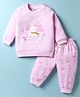 Zero Fleece Knit Full Sleeves Night Suit with Animal Embroidery & Patch - Pink