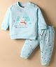 Zero Fleece Knit Full Sleeves Night Suit with Animal Embroidery & Patch - Light Blue