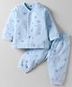 Zero Interlock Knit Full Sleeves Front Open Co-ord Winter Night Suit With Animal Print -  Blue