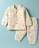 Zero Interlock Knit Full Sleeves Front Open Co-ord Winter Night Suit With Animal Print - Beige