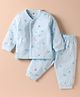 Zero Interlock Knit Full Sleeves Front Open Co-ord Winter Night Suit With Animal Print - Light Blue