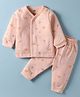 Zero Interlock Knit Full Sleeves Front Open Co-ord Winter Night Suit With Animal Print - Peach