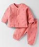 Zero Fleece Knit Full Sleeves Sheep Printed Front Open Co-ords Night Suit - Red
