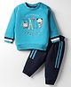 Zero Looper Knit Full Sleeves Full Sleeves T-Shirt & Lounge Pant Set with Animal Print & Tape Detailing - Turquoise & Navy Blue