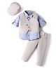 Rikidoos Full Sleeves Striped 3 Piece Party Suit With Bow & Cap Set - Light Grey & Blue