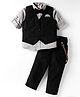 Rikidoos Full Sleeves Ribbed 3 Piece Party Suit Set With Suspender & Bow - Black & Grey