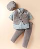 Rikidoos Full Sleeves Striped 3 Piece Party Suit Set With Bow & Cap - Grey & Light Blue