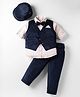 Rikidoos Full Sleeves Striped 3 Piece Party Suit Set With Bow & Cap Set - Navy Blue & Beige
