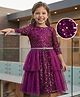 Hola Bonita Knit Three Forth Sleeves Partywear Glitter Sequinned Mesh Dress With Belt - Wine