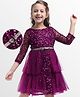 Hola Bonita Knit Three Forth Sleeves Partywear Glitter Sequinned Mesh Dress With Belt - Wine