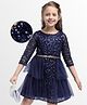 Hola Bonita Knit Full Sleeves Glitter Mesh Party Dress With Sequin Detailing & Belt - Navy Blue