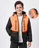 Pine Kids Woven Full Sleeves Hooded Padded Jacket With Forever Print - Orange & Black